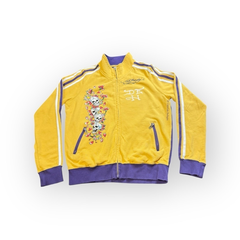 Ed Hardy Women’s Track Jacket L – Yellow & Purple Graphic Zip-Up